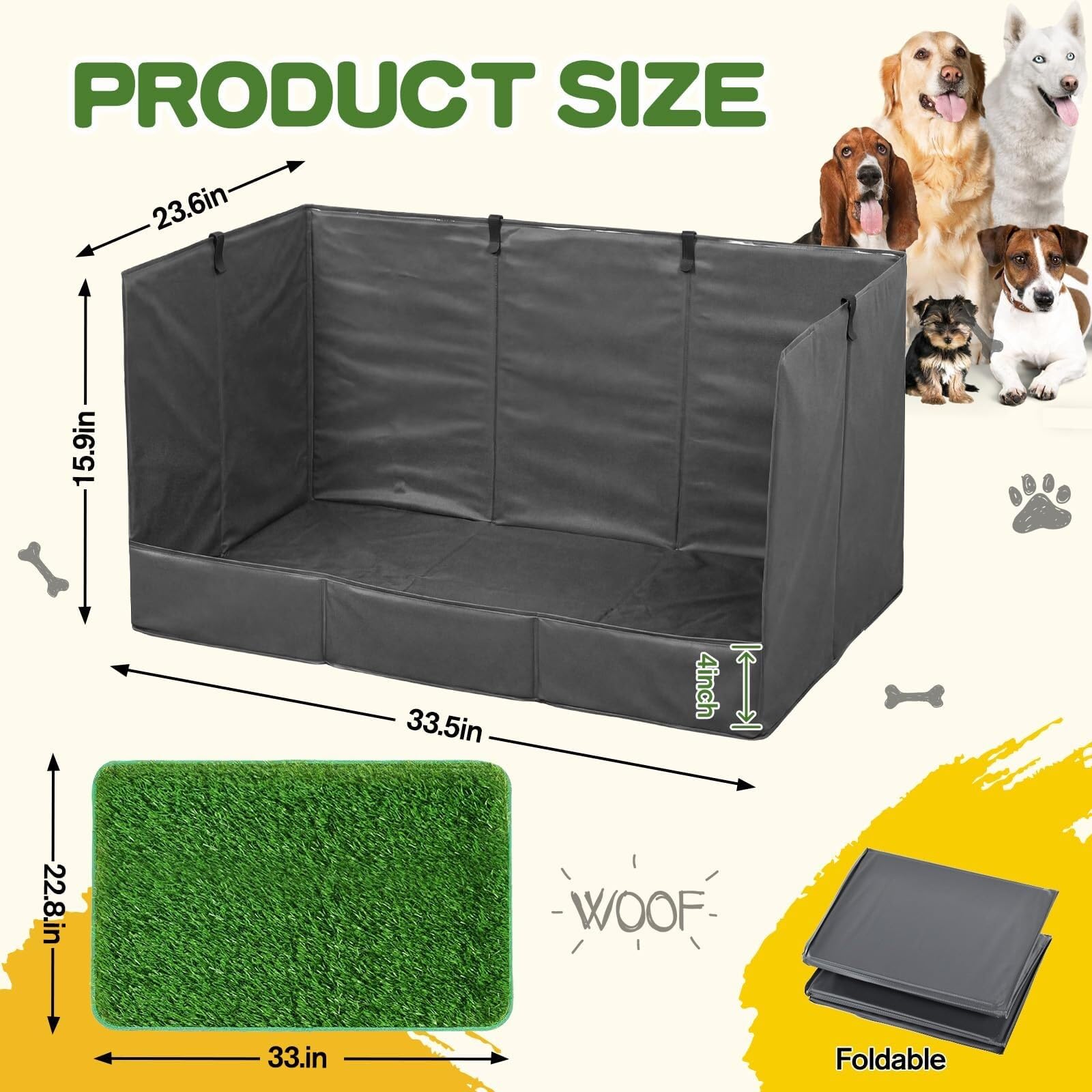High Walls - Vasino per cani con erba artificiale, pieghevole, per interni, 40 x 60 x 90 cm, con fodera impermeabile, per cuccioli di piccola e media taglia (nero, 80 x 60 x 40 cm)