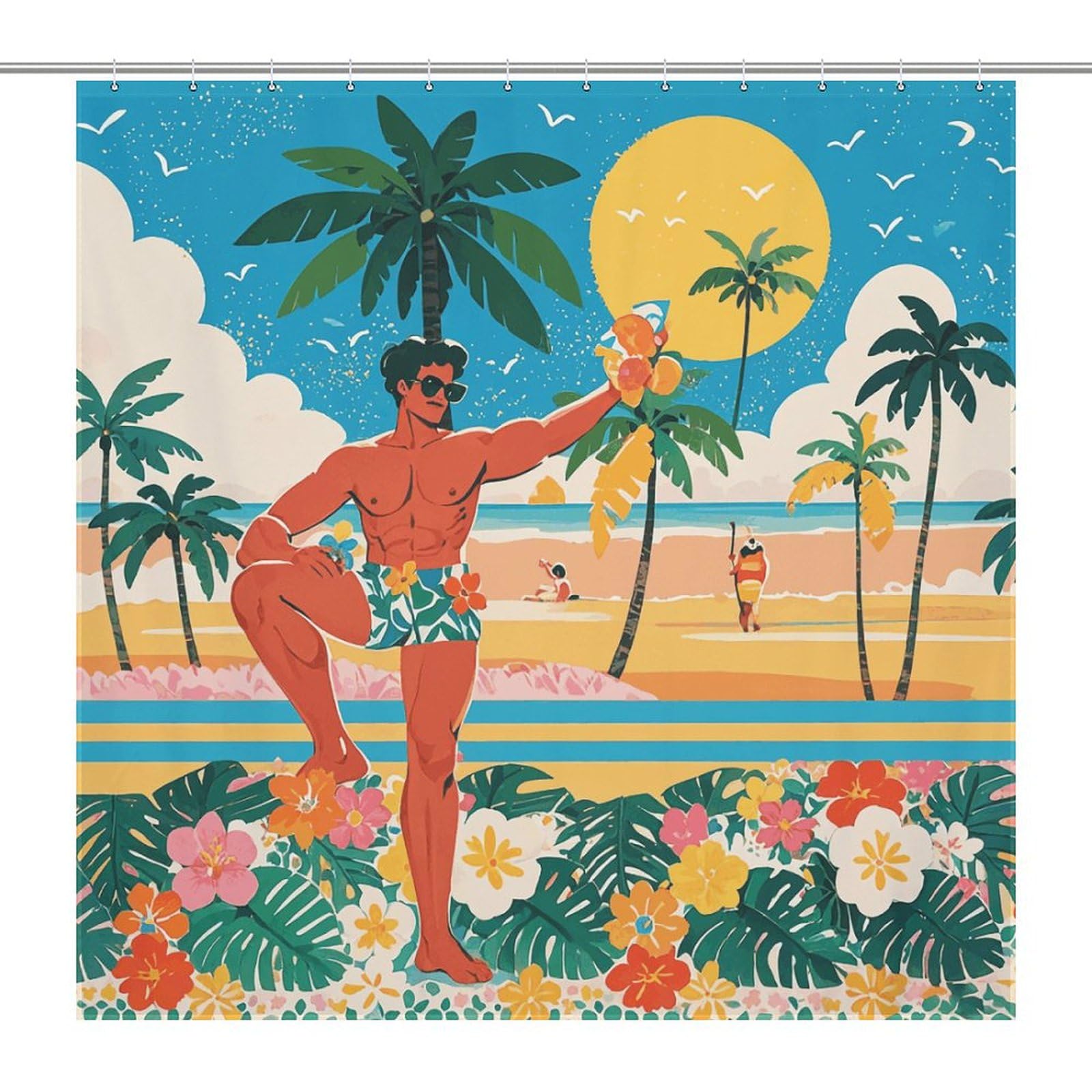 Rideau de douche hawaïen léger et lavable pour une salle de bain tropicale