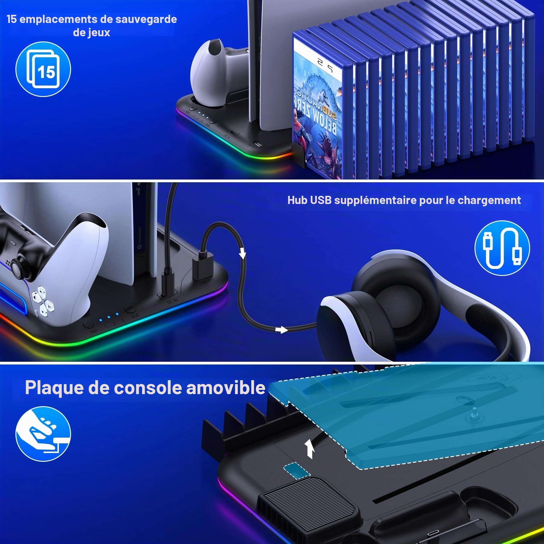 ALEEMTRY Accessoire PS5 Slim Nouveau, Support avec Ventilateur à 3 Vitesses/Lumière RVB/Stockage de 15 Jeux pour PS5 Slim Disc et Console Numérique (Noir)
