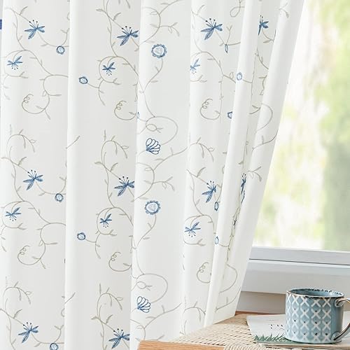 jinchan White Curtains for Living Room with Blue Floral Embroidery 84 Inch Long Farmhouse Curtains Rod Pocket Back Tab Light Filtering Drapes Curtain Set for Bedroom Dinning Room 2 Panels