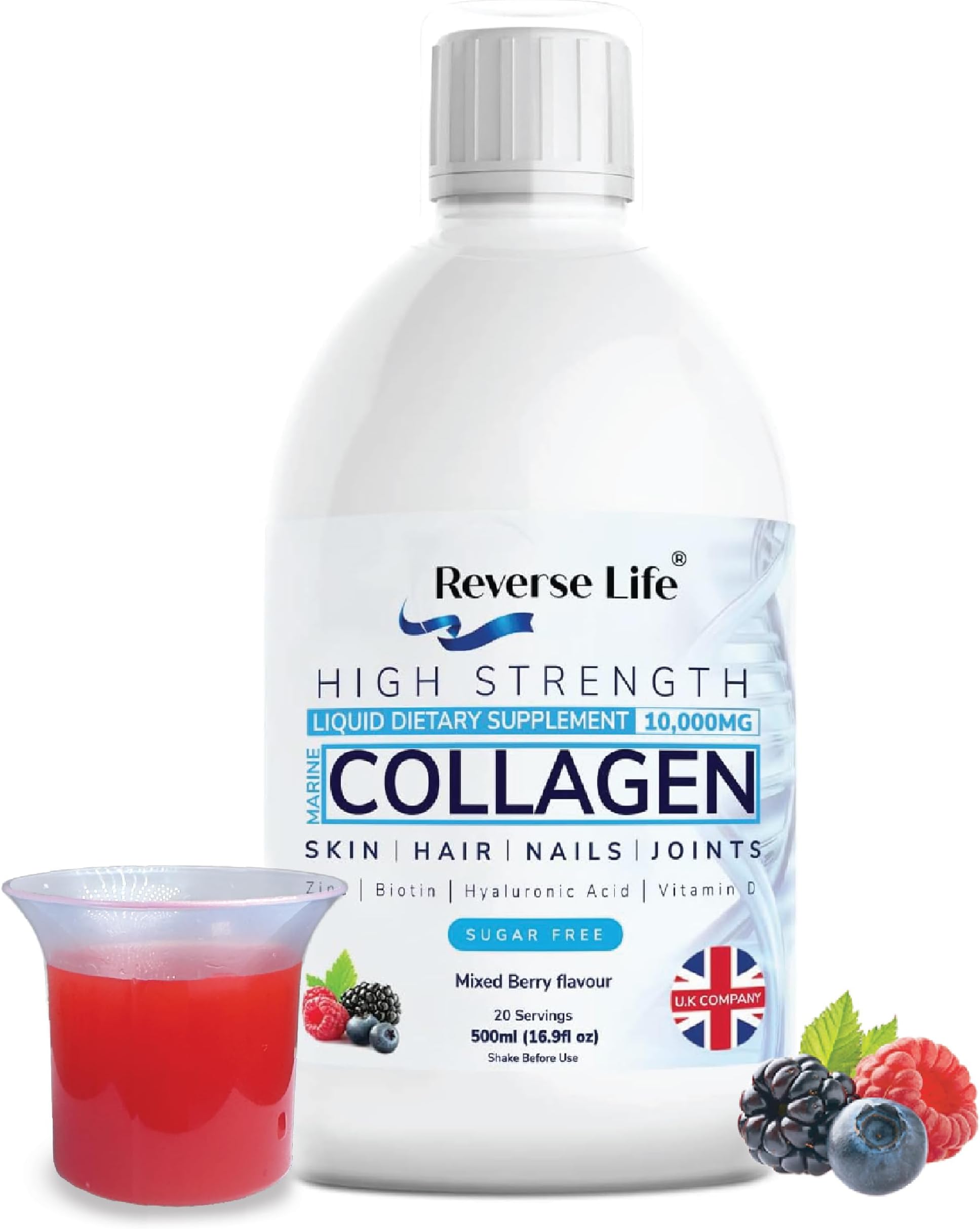 Reverse Life - High Strength Marine Collagen Liquid - Skin, Hair, Nails & Joints - 10,000mg Hydrolysed Peptide Food Supplement Drink - Hyaluronic Acid, Biotin, Vitamins C and D - Mixed Berry Flavour