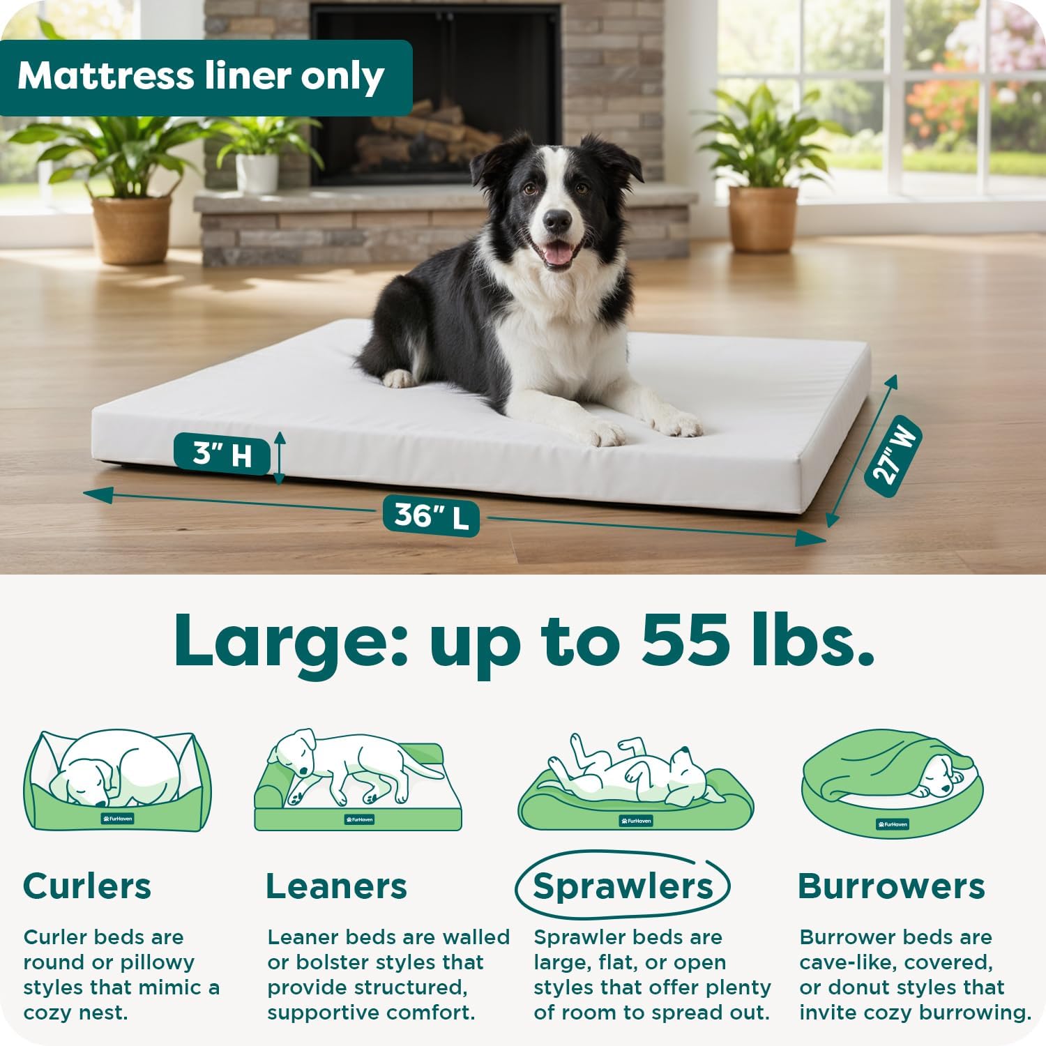 Furhaven Dog Bed Liner Water-Resistant Foam Mattress Protector Cover - White, Large