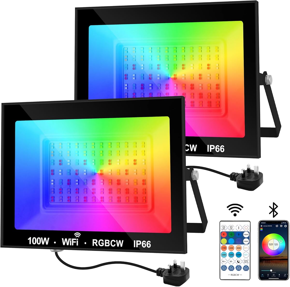 LED Floodlight Outdoor 100W, Flood Lights Colour Changing with Remote&APP Control, Timed Stage Lights DIY Mode, IP66 Waterproof Garden Lighting, Wall Light for Party Halloween(2Packs)
