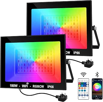 LED Floodlight Outdoor 100W, Flood Lights Colour Changing with Remote&APP Control, Timed Stage Lights DIY Mode, IP66 Waterproof Garden Lighting, Wall Light for Party Halloween(2Packs)