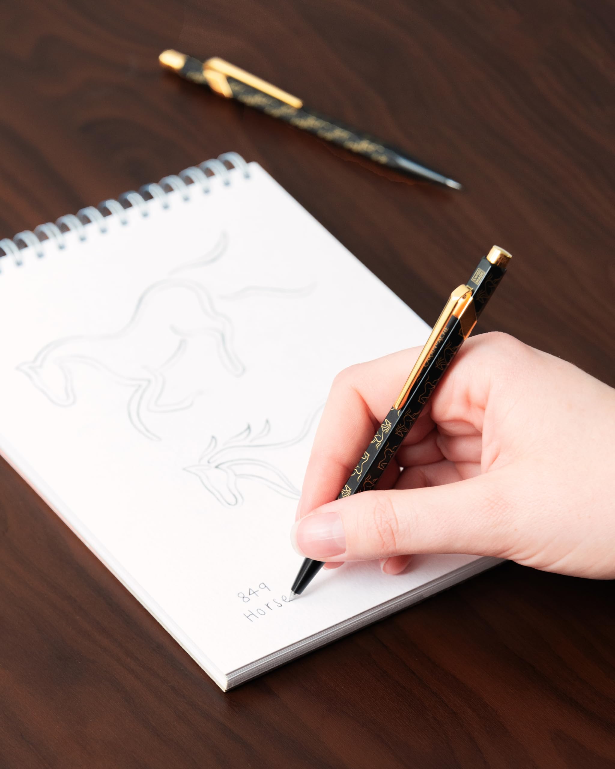 Caran d'Ache MF0844.525 - Portaminas 849 Horse Black de 0,5 mm, fabricado en Suiza, barril de aluminio negro con motivos de caballo dorado, mina HB, soporte de plomo de diseño, regalo