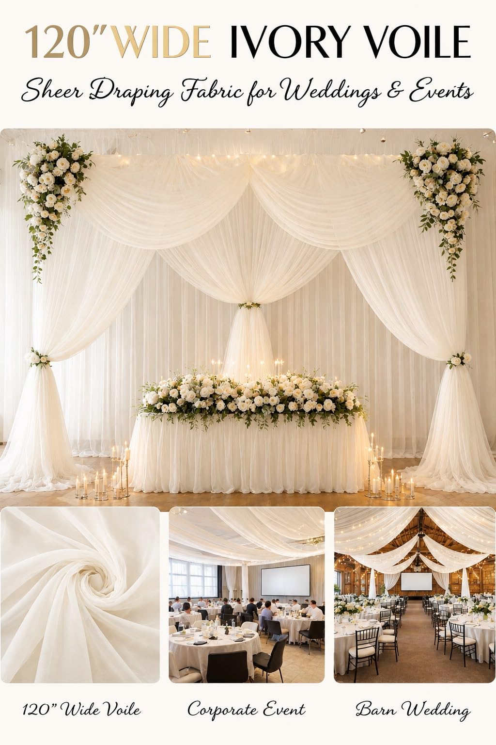 Tela de gasa transparente de 304,8 cm de ancho (3 m de ancho), perfecta para cortinas y enmascarar para bodas y eventos, marfil por yardas (10 yardas)