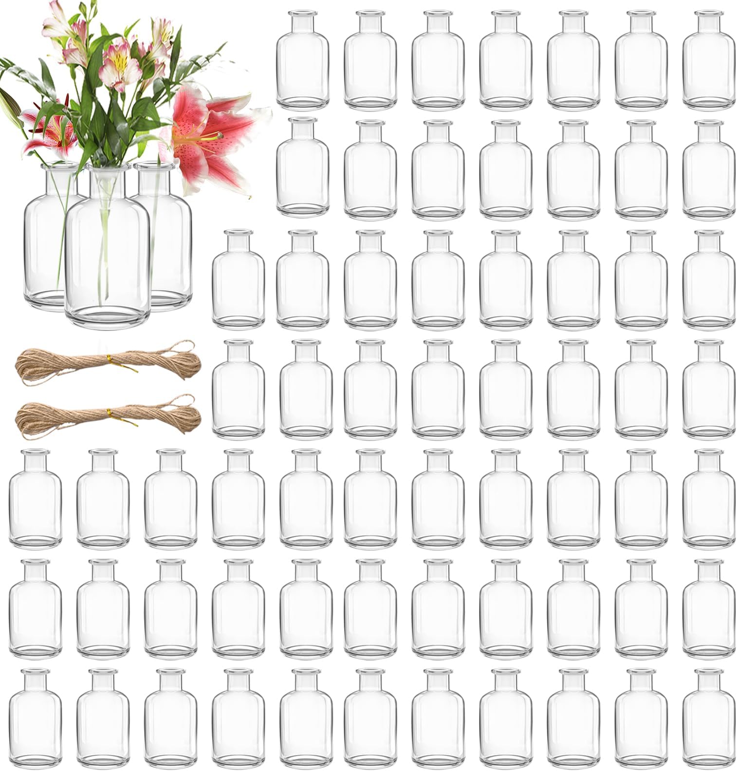 63 Pack Glass Bud Vases Bulk 4.22 oz Mini Flower Vases with Jute String Vintage Clear Glass Bud Bottle for Wedding Dining Home Table Centerpieces Decorative Supplies