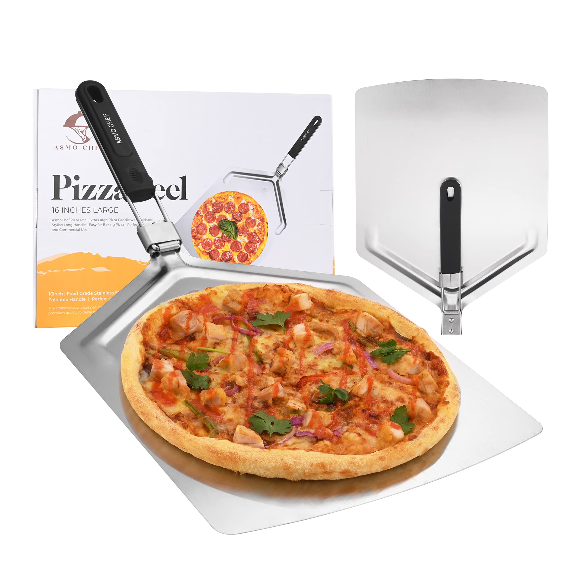 Asmo ChefPizza Peel 13” x 16” Extra Large Pizza Paddle with Foldable Stylish Long Handle Easy for Baking Pizza, Perfect for Home and Commercial Use