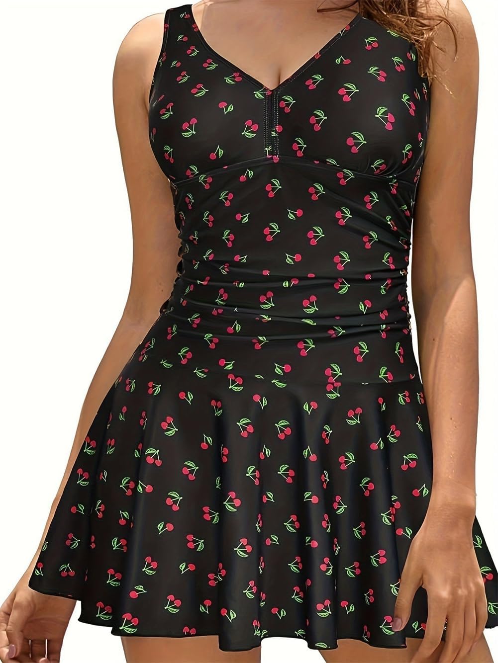 Plus Size Swim Dress, Women's Retro Cherry Print Swimwear, Oversize Vintage Tankini PQ-X002