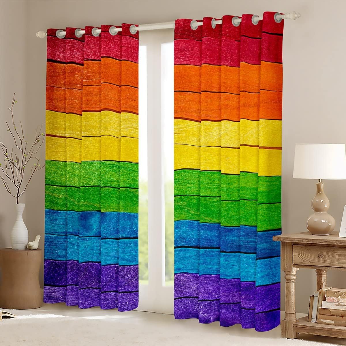 Manfei Kids Rainbow Window Curtains Colorful Stripe Print Window Treatments Watercolor Wooden Floor Window Drapes for Girls Room Decor Grommet Top 2 Panel Set Bedroom Curtains, 52Wx96L inch