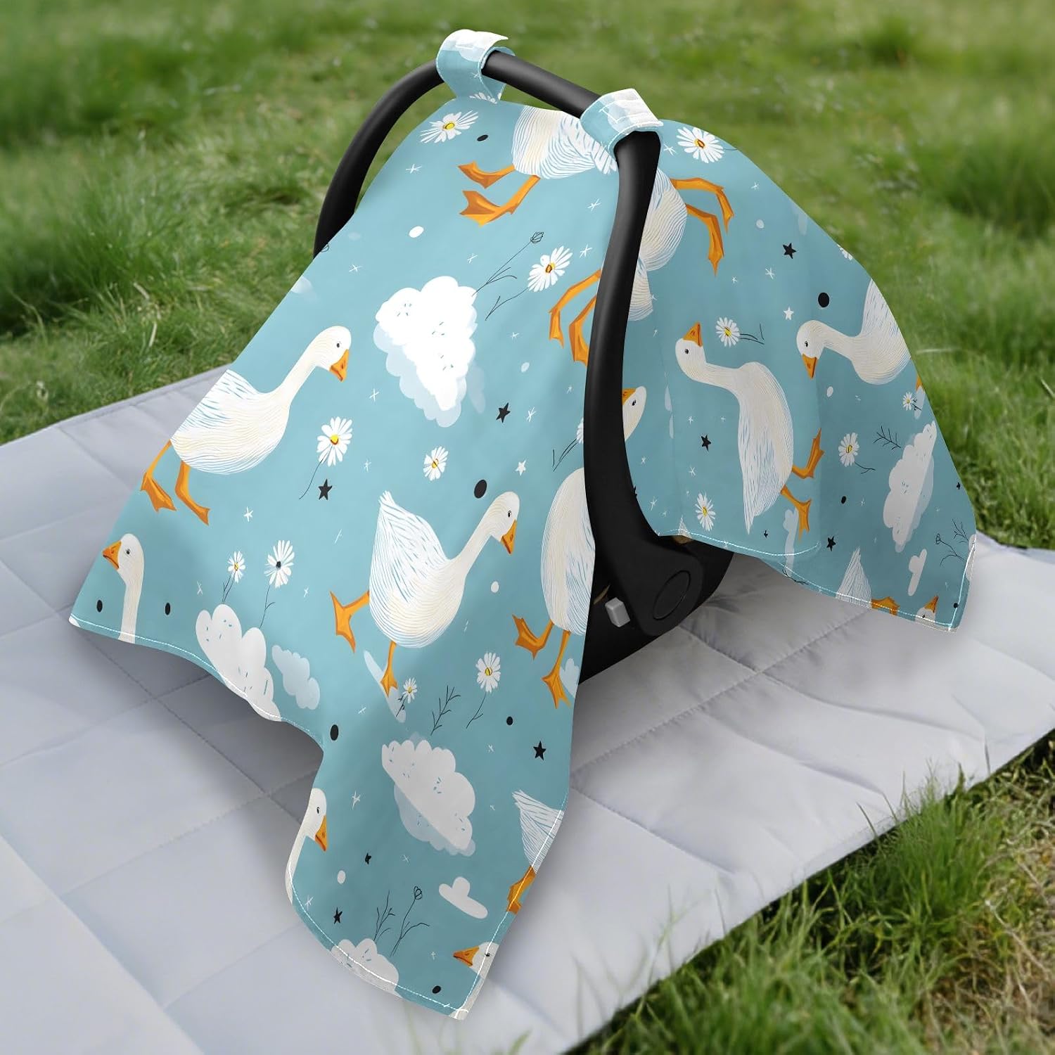 White Goose Blue Infant Car Seat Cover Baby Stroller Carseat Covers Canopy Girls Boys Muslin Breathable Soft Lightweight Sun Shade Universal Fit