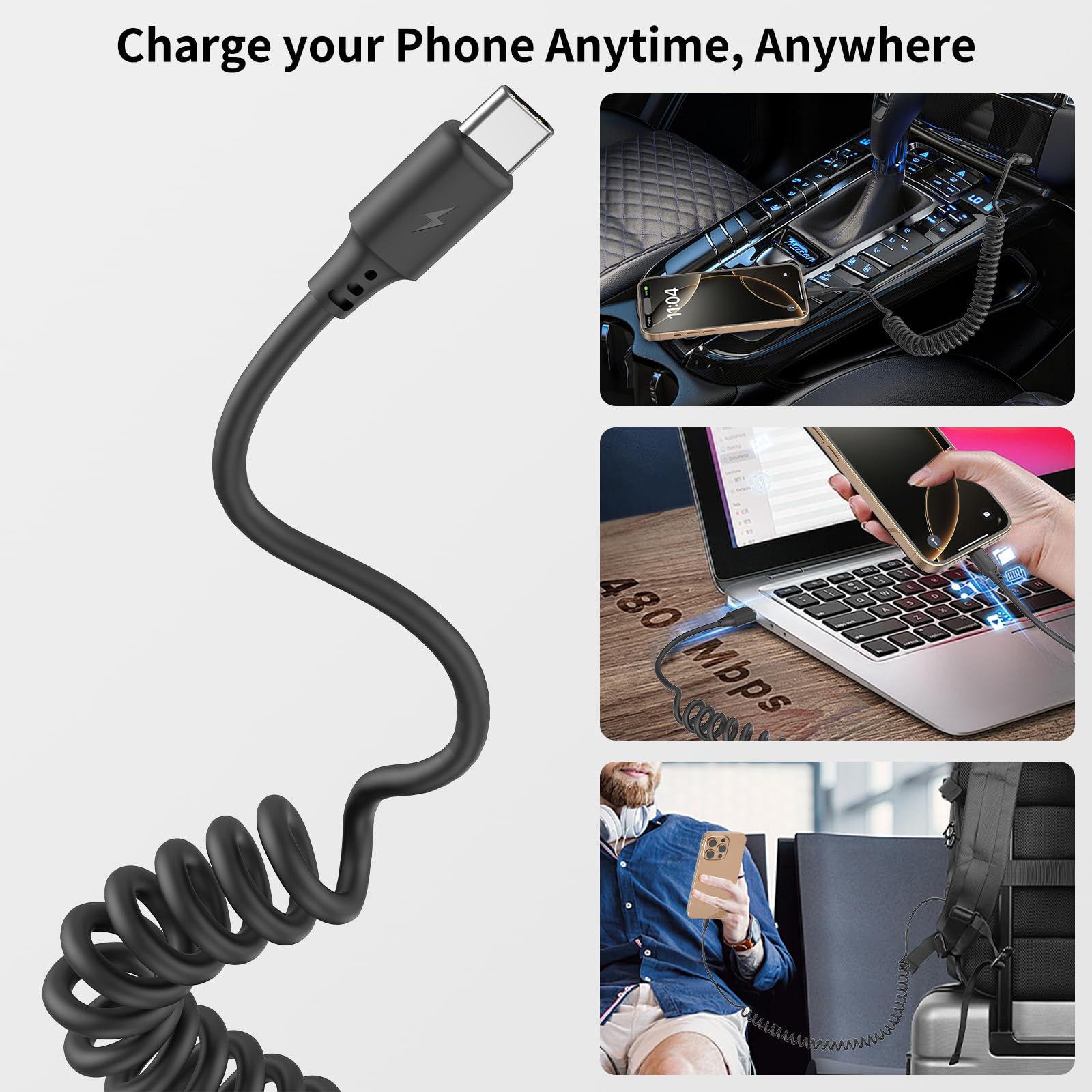 Cavo a spirale da USB a USB C, confezione da 2 pezzi, cavo USB C per auto, cavo elastico USB di tipo C per ricarica rapida, cavo a spirale USB C compatibile con iPhone 16 15, Samsung Galaxy S20 S10