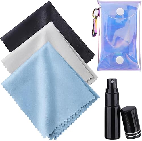 Paño de limpieza de lentes de microfibra, limpiador de lentes para lentes con mini botella negra y bolsa portátil colorida, paquete de 3 paños