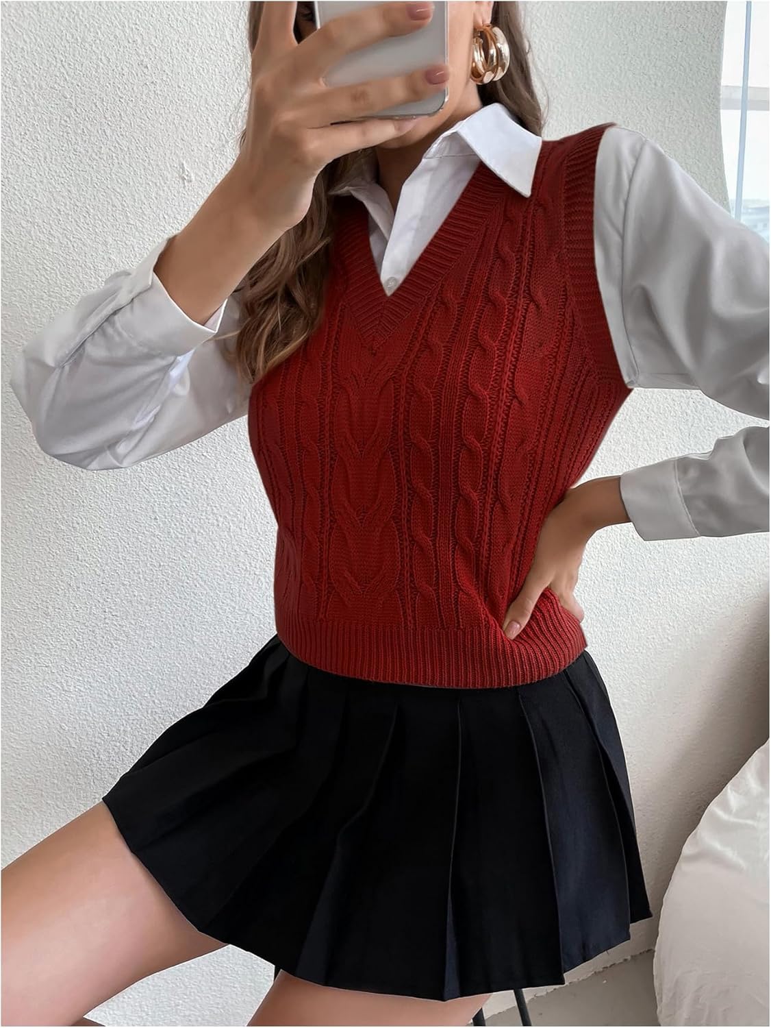 SweatyRocks Women's Sweater Vest V Neck Slim Fit Sleeveless Cable Knit Tops - Image 3