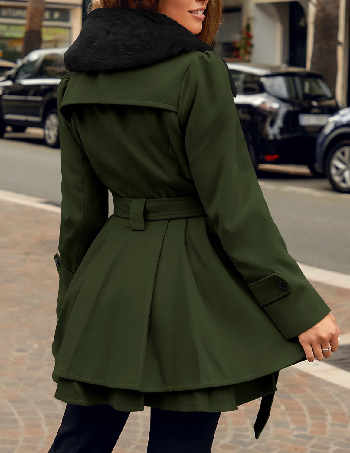 Zeagoo Women’s Fashion Faux Fur Lapel Double-Breasted Thick Wool Trench Coat Winter Warm Jacket S-2XL