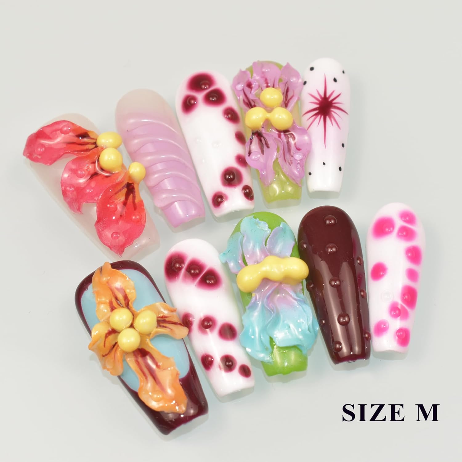 Handmade Press On Nails Long Multicolor 3D Carving Flowers Design 10pcs Hand painted Smudging Glue On Acrylic Fake Nails