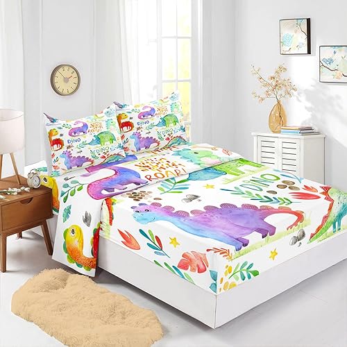 Miniatura 2 de CVHOUSE Juego de ropa de cama de tamaño individual de dinosaurio, 1 sábana encimera y 1 sábana bajera con 2 fundas de almohada, 4 piezas