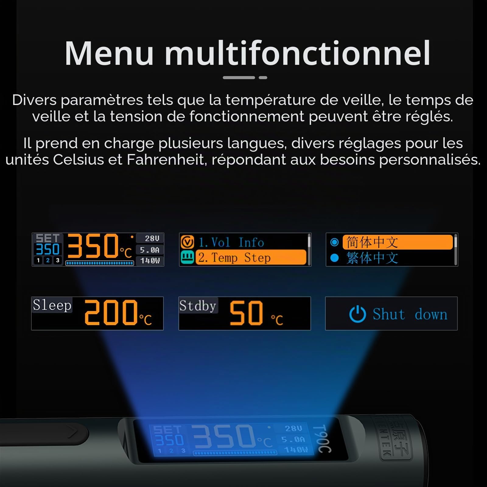 Kit de fer à souder 140 W, fer à souder numérique à chauffage rapide T90 Température réglable PD3.1/QC,Type-C Portable Écran OLED Affichage USB Stylo à souder C245 (T90B)