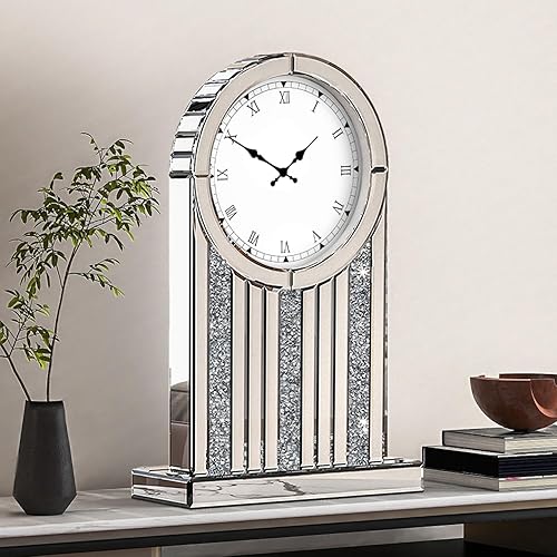 Miniatura 11 de SHYFOY Reloj de escritorio con espejo, relojes de mesa decorativos con diamante triturado de 13.2 x 11.8 pulgadas, reloj rectangular de cristal con
