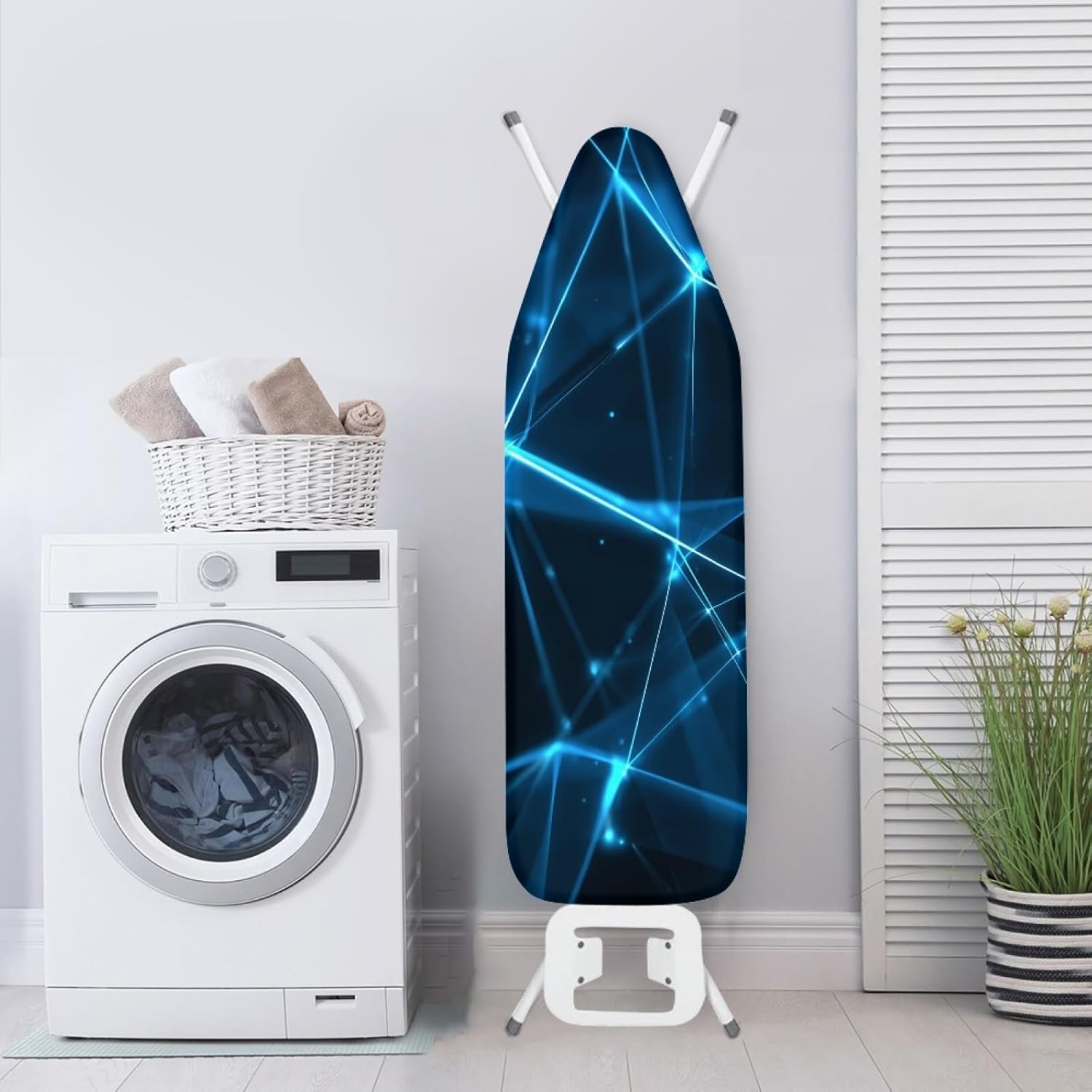 Large Ironing Board Cover and Pad 59x19 Blue Neon Light Lines Iron Table Cover with Padding,Extra Wide,Resist Scorching and Staining,Heatproof,Adjustable Fastener Durable Stain