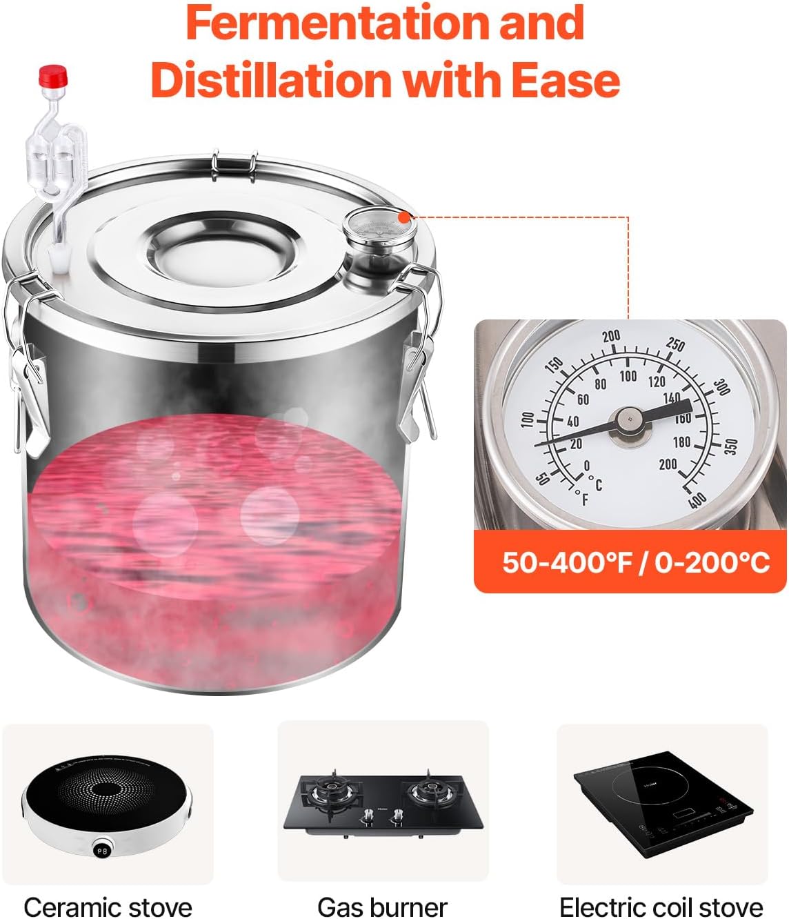 VEVOR Alcohol Still, 8 Gal / 30 L Stainless Steel Water Alcohol Distiller with Copper Coil, Home Brewing Refining Fermentation Kit with Thermometer & Pump, for Wine Whisky Brandy, Silver