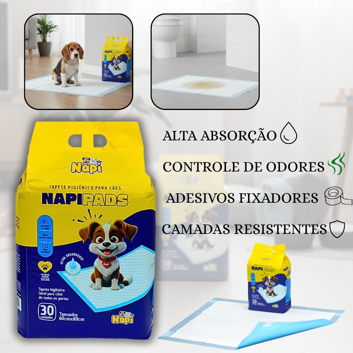 Tapete Higiênico NapiPads 80cm x 60cm 30 Unidades para Cachorro