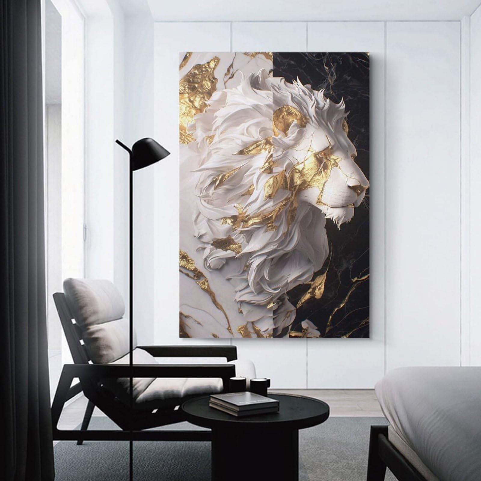 Junmoney Unframe-Style-15 Home Decor Wall Art Lion Sculpture With Gold Accents Poster, Picture, Metal Print, Paint By Creed, 16X24inch(40X60cm), For New Homes, Bedrooms Or Workspaces, Home Decor Gift With Stylish Appeal