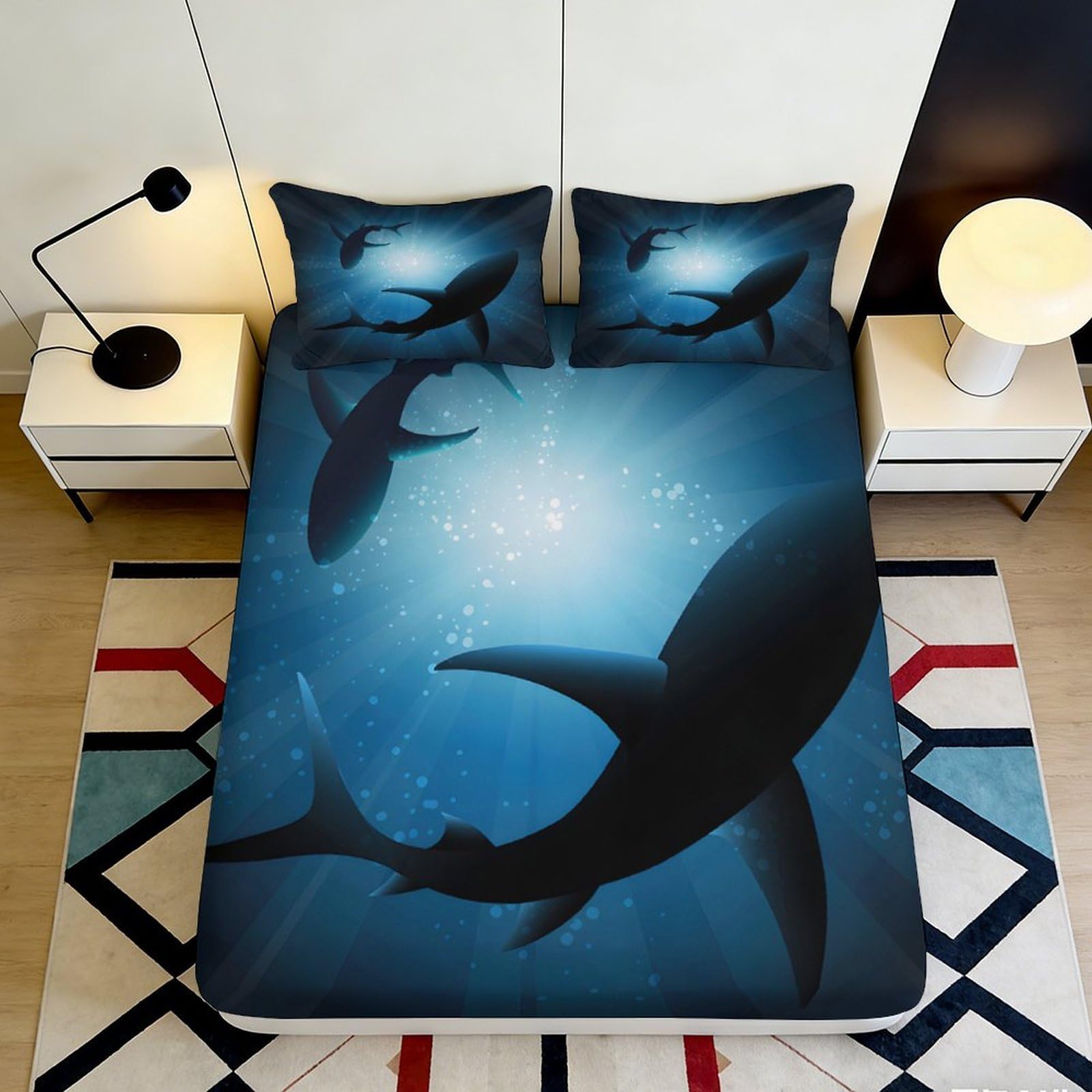 3D Printed Ocean Shark Fitted Sheet Microfiber Deep Pocket Bedroom Bedding Set Shark Mattress Fitted Cover Non-Slip Washable Youth 200x200x25cm 90x200x25cm