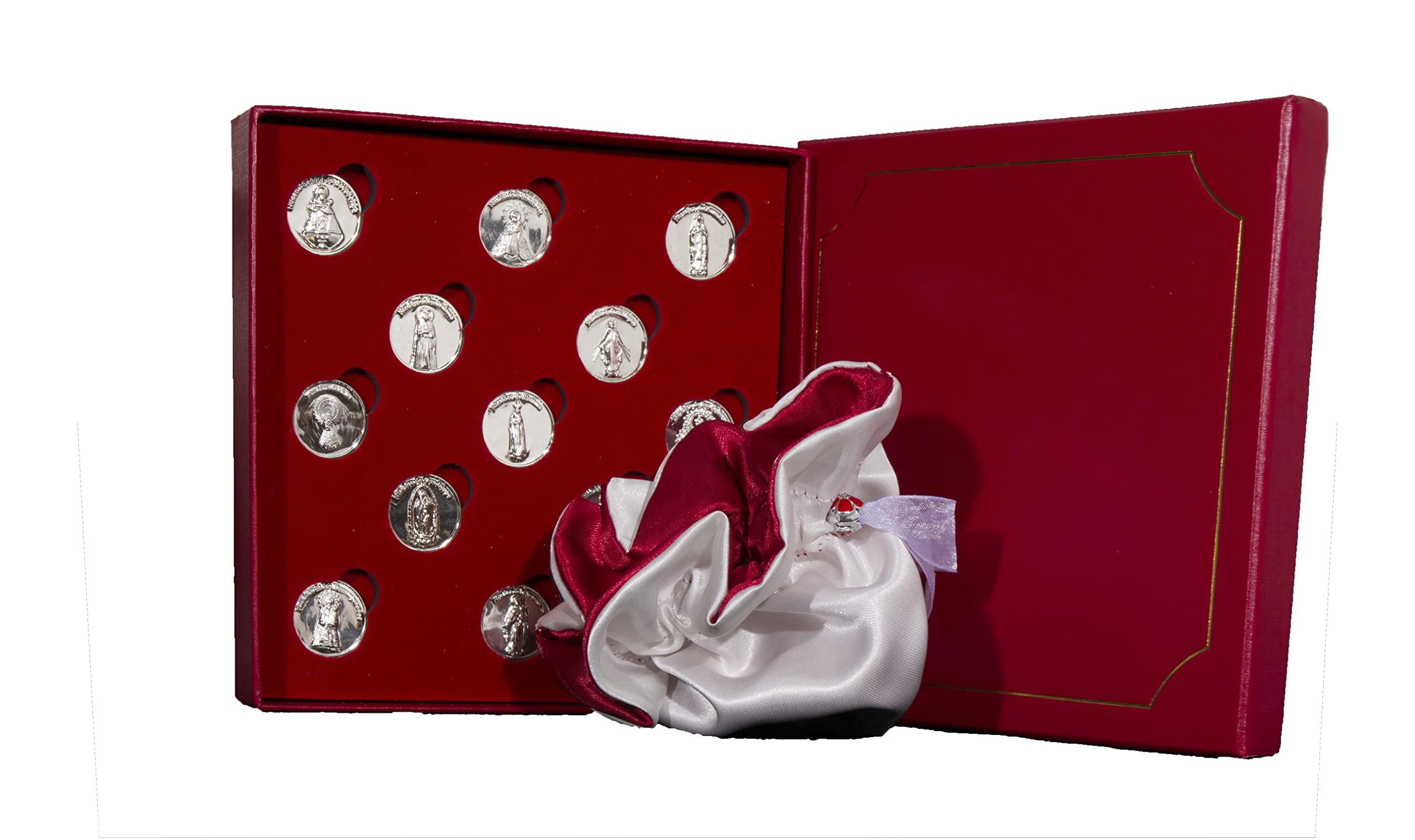 DOCOLASTRA Arras de María con Saquito de Saten Redondo Reversible (Beis y Rojo) Hecho a Mano por Nuestros Artesanos y Estuche Incluido.