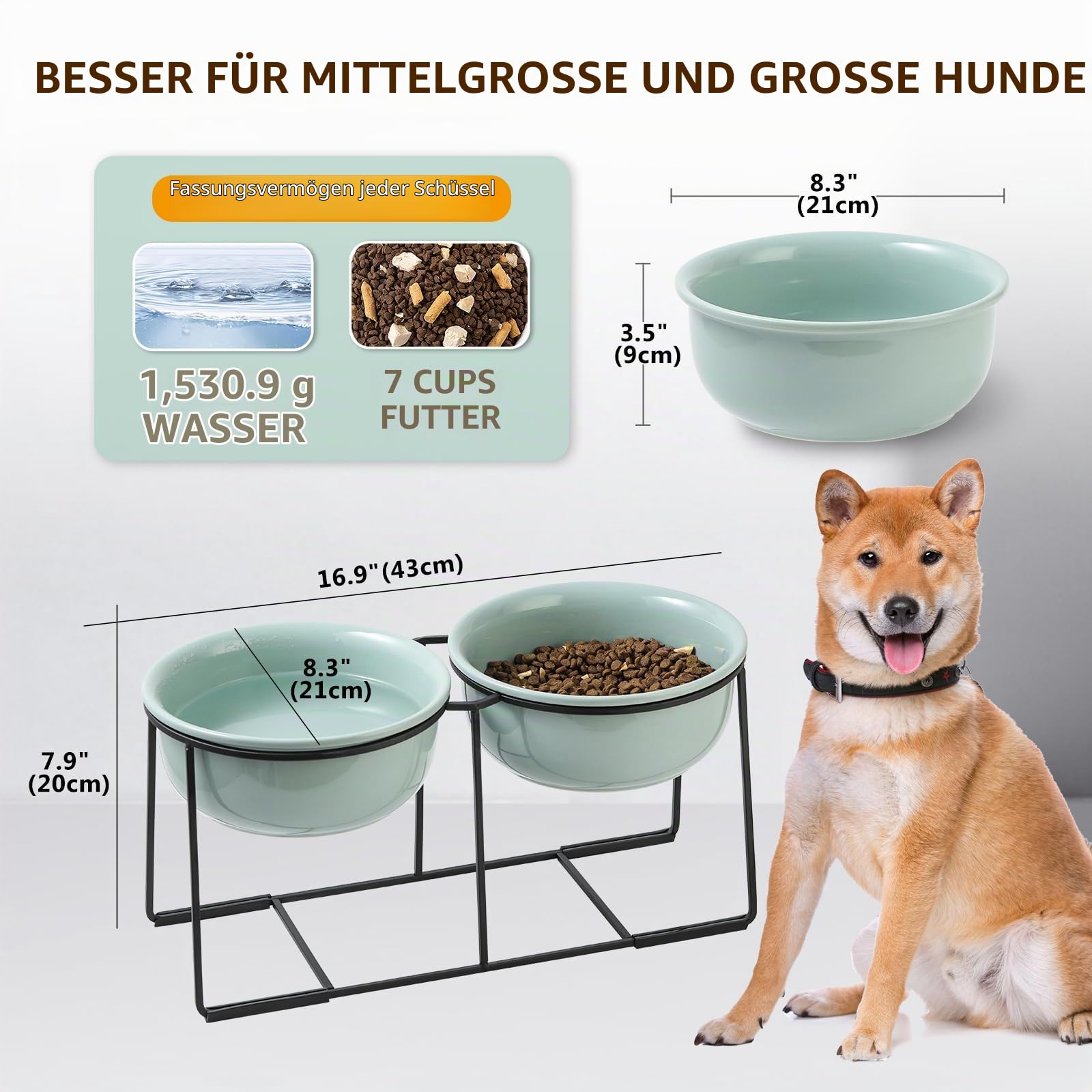 Erhöhter Hundenapf aus Keramik mit Metallständer - Doppelte Näpfe für Futter und Wasser - Fressnapf für mittelgroße Hunde - Grün