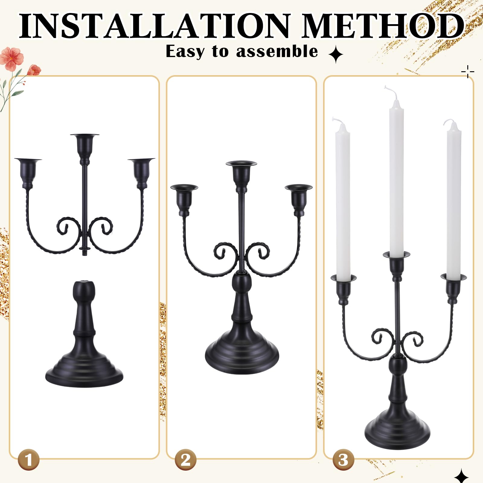 Dandat 3 candelabri in metallo a 3 bracci, in stile gotico, per casa, matrimonio, chiesa, feste di Natale (retrò, 30 cm, nero)