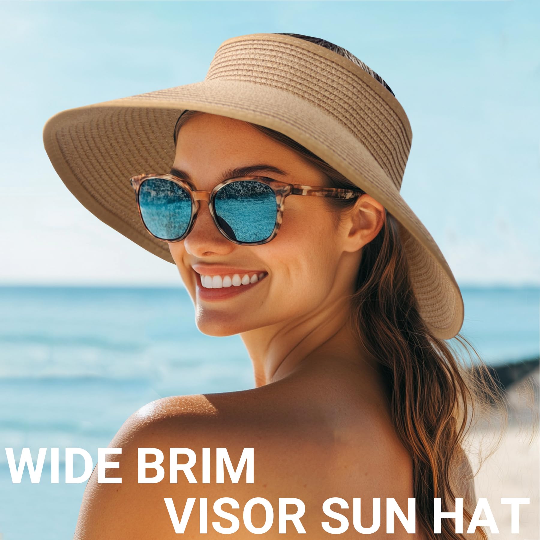 PFFY Sun Hats for Women Straw Beach Hat Packable Foldable Wide Brim Ponytail Travel Visor