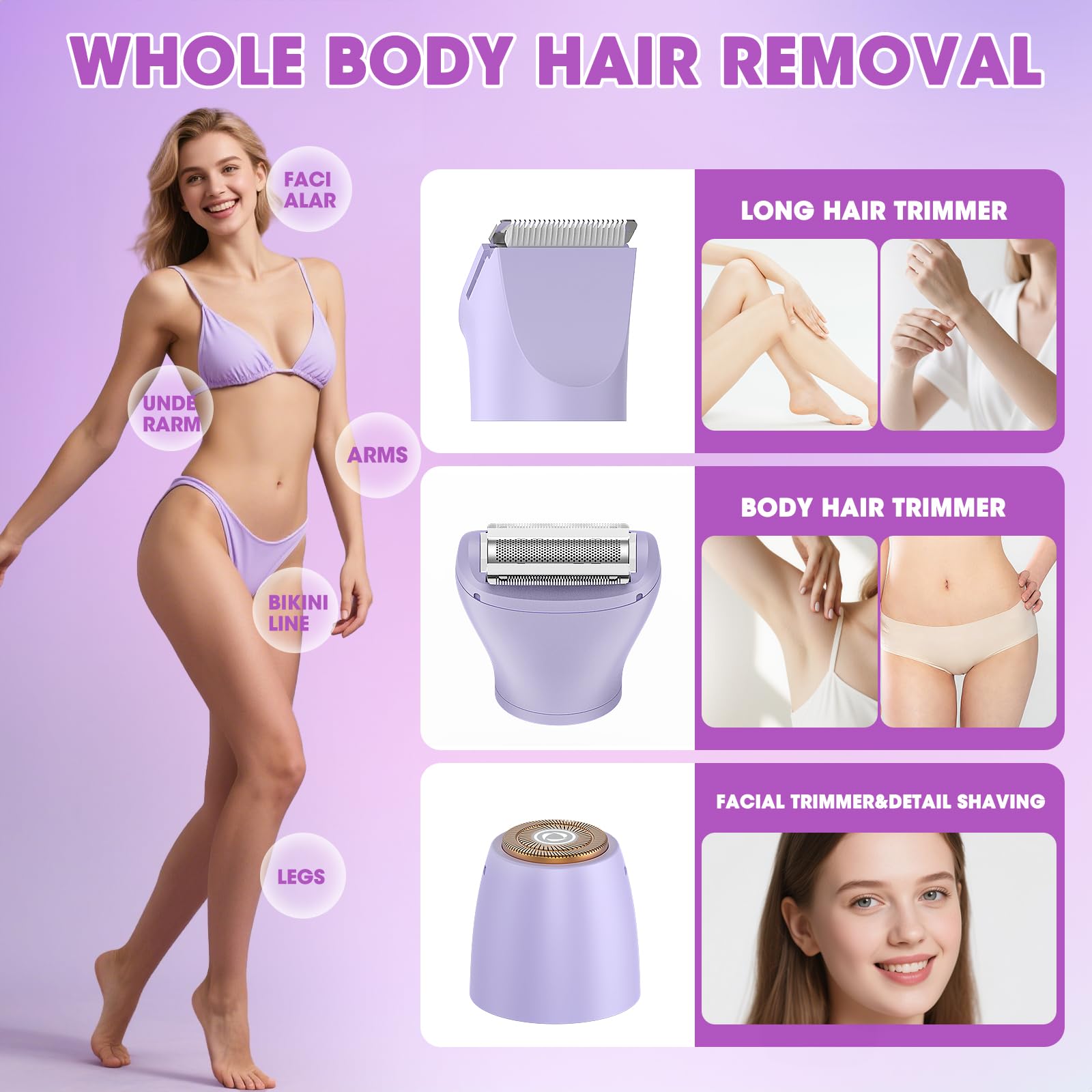 Rasoio elettrico per bikini da donna, kit 3 in 1 per la rimozione dei peli del corpo, per viso, pubico, braccia, gambe, ascelle, trimmer bikini, indolore, IPX6, impermeabile, ricaricabile, portatile