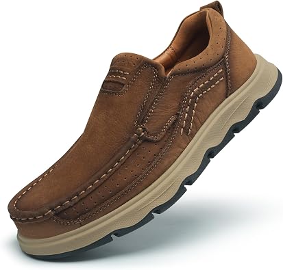 Mens Leather Slip On Casual Loafers Classic Outdoor Walking Hiking Dress for Work Office Shoes Comfortable