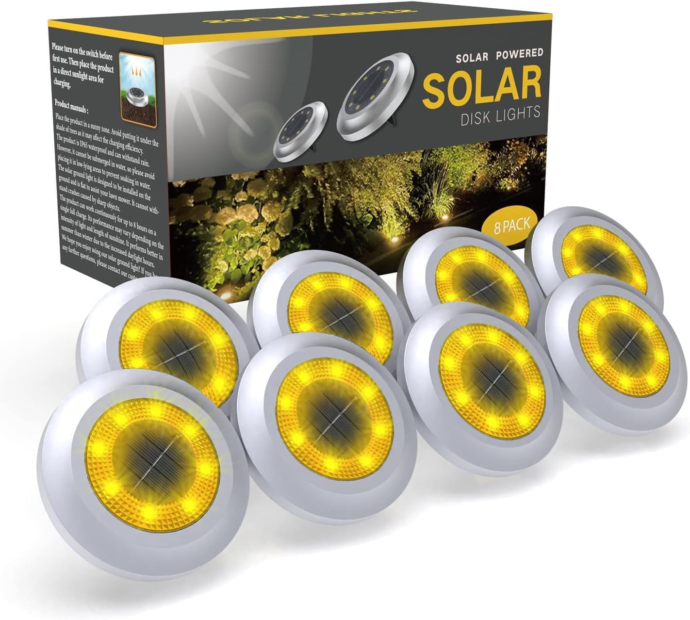 Solar Lights Outdoor Garden,600mAh 8 LED Solar Disk Ground Lights for Garden Lawn Pathway Yard Landscape Walkway(8 Pack Warm White)