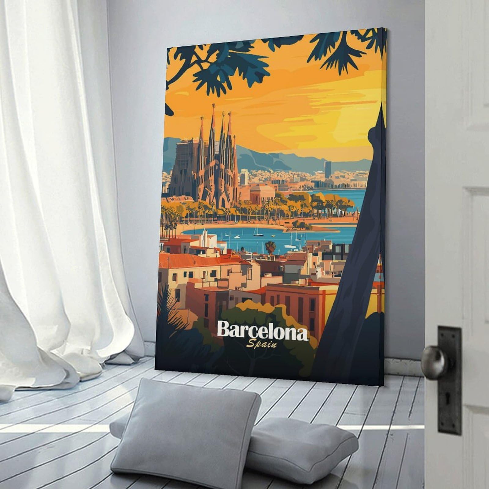 Junmoney Barcelona Cityscape Room Decor Wall Art, 24x36inch(60x90cm), for Bedroom, Guest Room Or Reading Nook, Home Artwork with A Soft Interior Feel