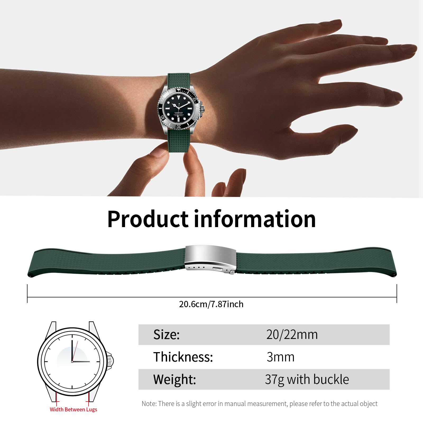 ULLCHRO FKM Rubber Watch Strap, Cut to Size Quick Release Fluororubber Watch Band Soft Replacement Watchband with Silver Milled Clasp for Men Women 18mm 19mm 20mm 21mm 22mm