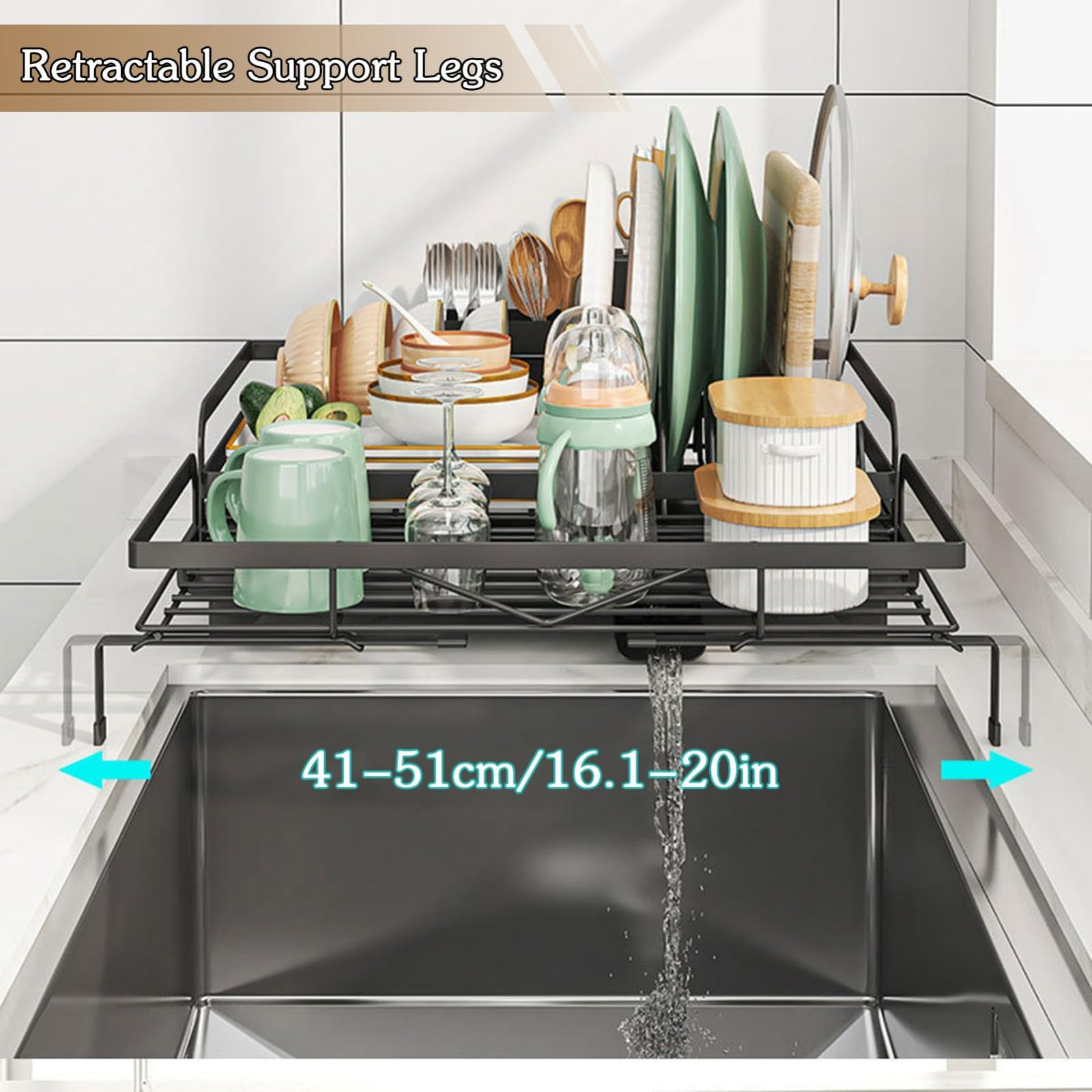 Escurridor de Platos Extensible Acero al Carbono Escurridor de Platos con Bandeja Recogegotas y Portacubiertos Secador Boquilla Extensible y Giratoria 360° Ahorra Espacio Secaplatos