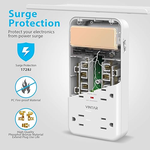 Miniatura 4 de Paquete de 2 VINTAR Protector de sobretensiones con estante de salida, extensor de múltiples salidas con sensor de atardecer a amanecer, 6 salidas y