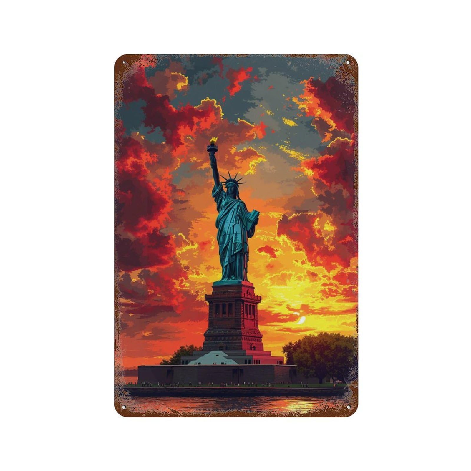 Statue of Liberty Sunset 11.8"x7.9" Vintage Rust Metal Sign, Classic Wall Plaque for Office, Studio And Wall Decor