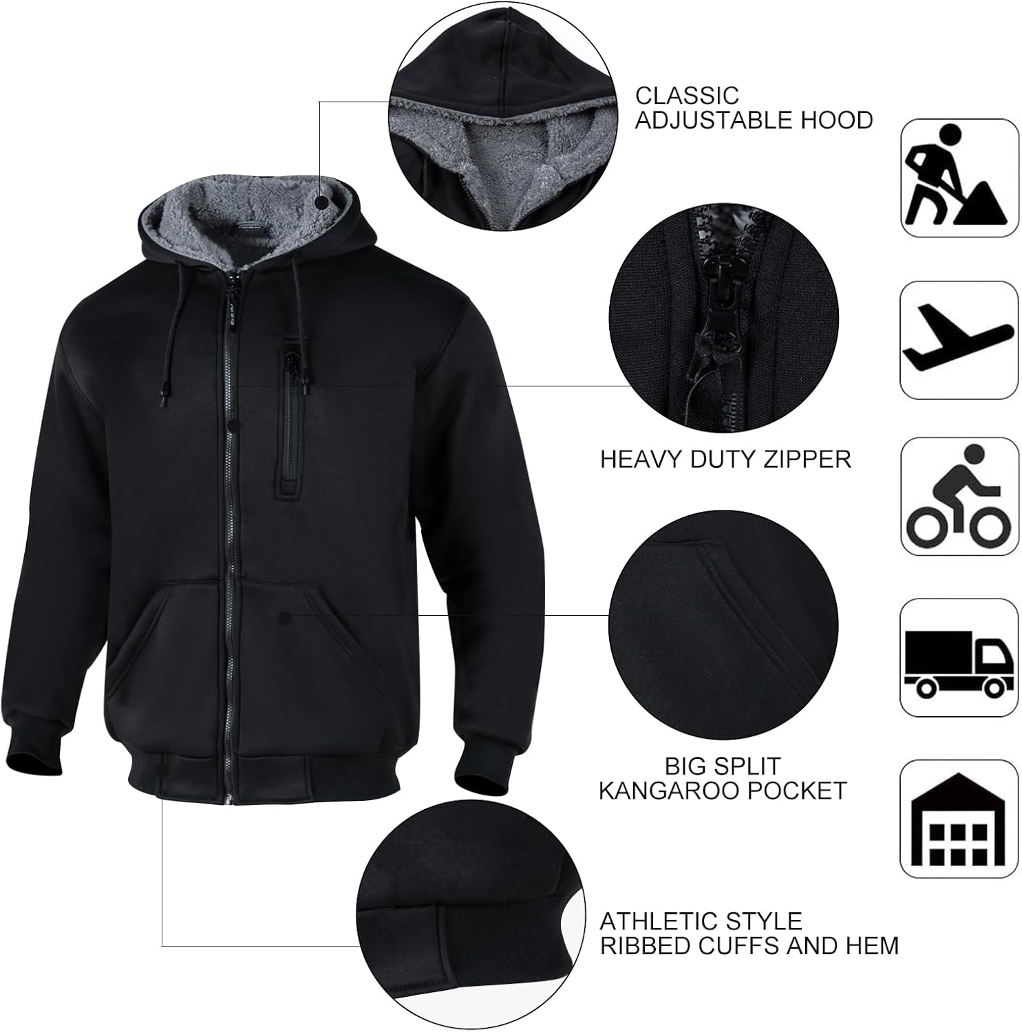 FONIRRA Hi Vis Hoodie for Men Sherpa Fleece Lined Work Sweaters High Visibility Safety Construction Jacket with Zipper - Image 6