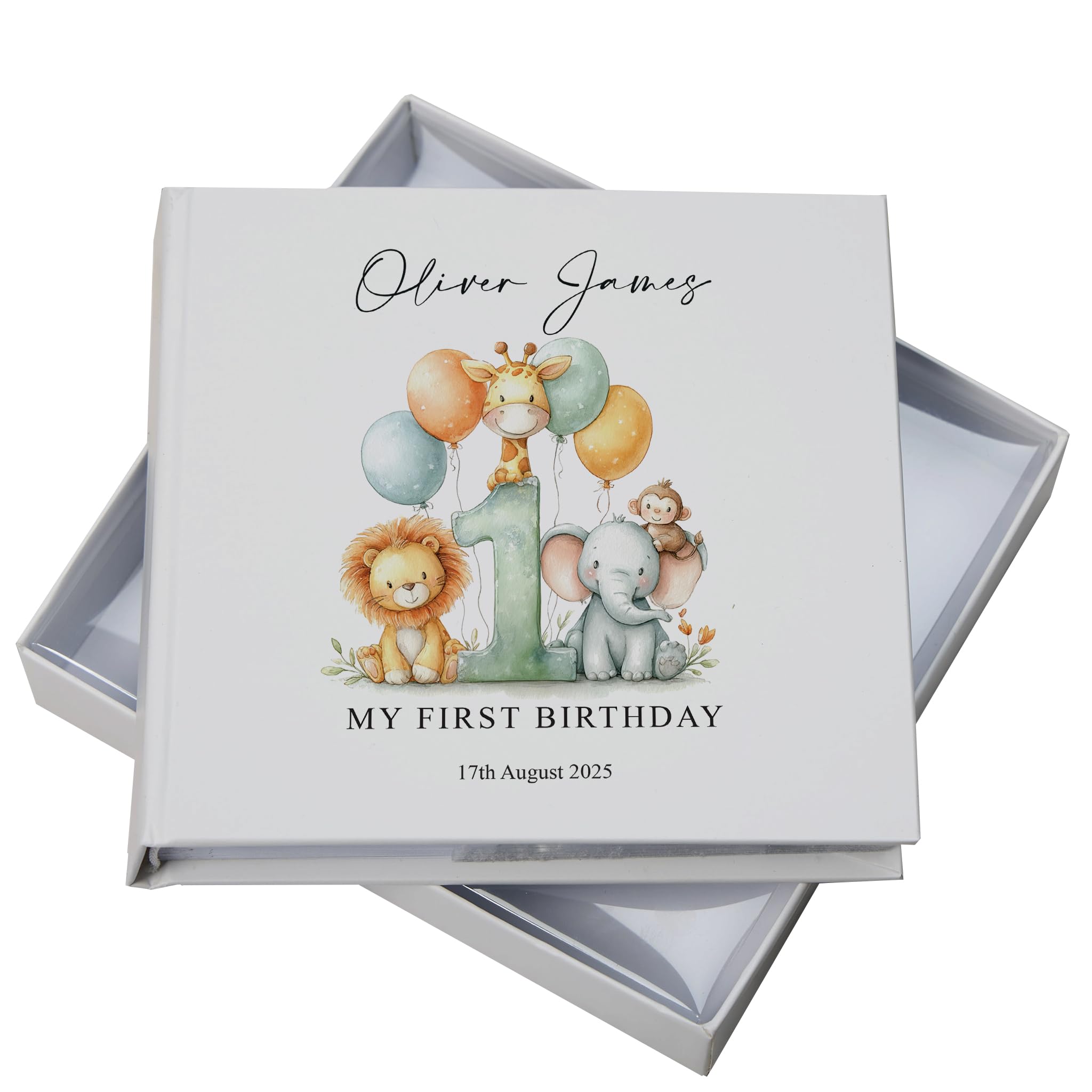 Personalised Baby's First Year Photo Album In Gift Box With Safari Theme, Customisable Memory Book with Gift Box, Keepsake for Birth to 12 Months Milestones (Green)