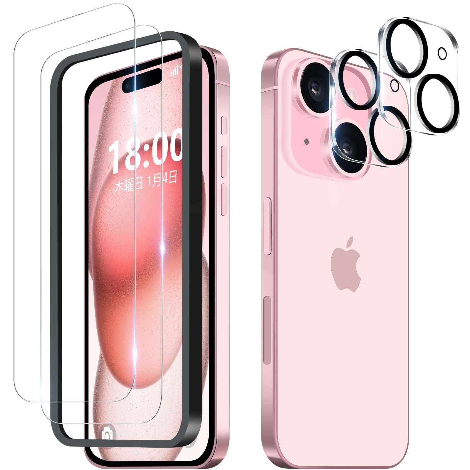 対応 iPhone15 ガラスフィルム (2枚)＋ iPhone 15 カメラフィルム(2枚)全面保護 硬度9H 耐衝撃 高透過率 自動吸着 気泡防止 飛散防止 撥水撥油 アイフォン 15 フィルム + アイフォン 15 カメラ保護フィルム- 6.1インチ