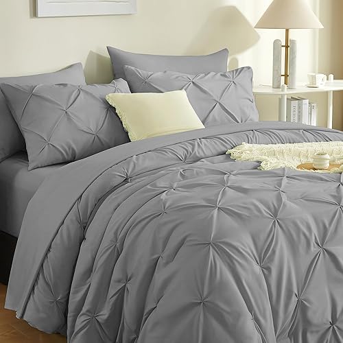 Miniatura 9 de BOLINLIVING Juego de edredón tamaño Queen, 7 piezas de cama bohemia con pintuck en una bolsa, edredones plisados para todas las estaciones, juego de