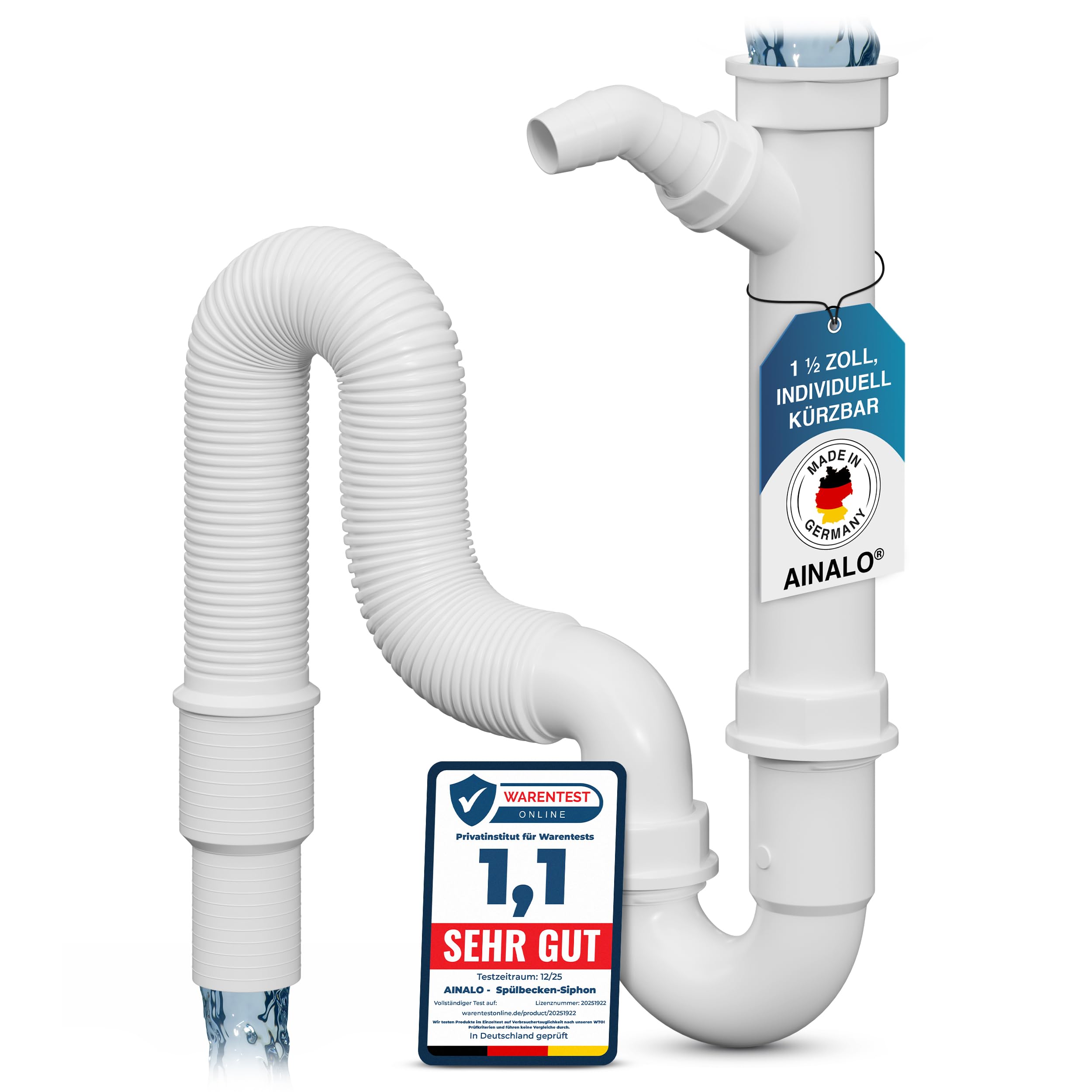 𝐀𝐈𝐍𝐀𝐋𝐎® Küchenspülen-Siphon aus 13-teiliges Set – inkl. allen Montagezubehörs, Geräteanschluss (Ø 19–23 mm), Abflussrohr mit Ø 40/50 mm Wandanschluss