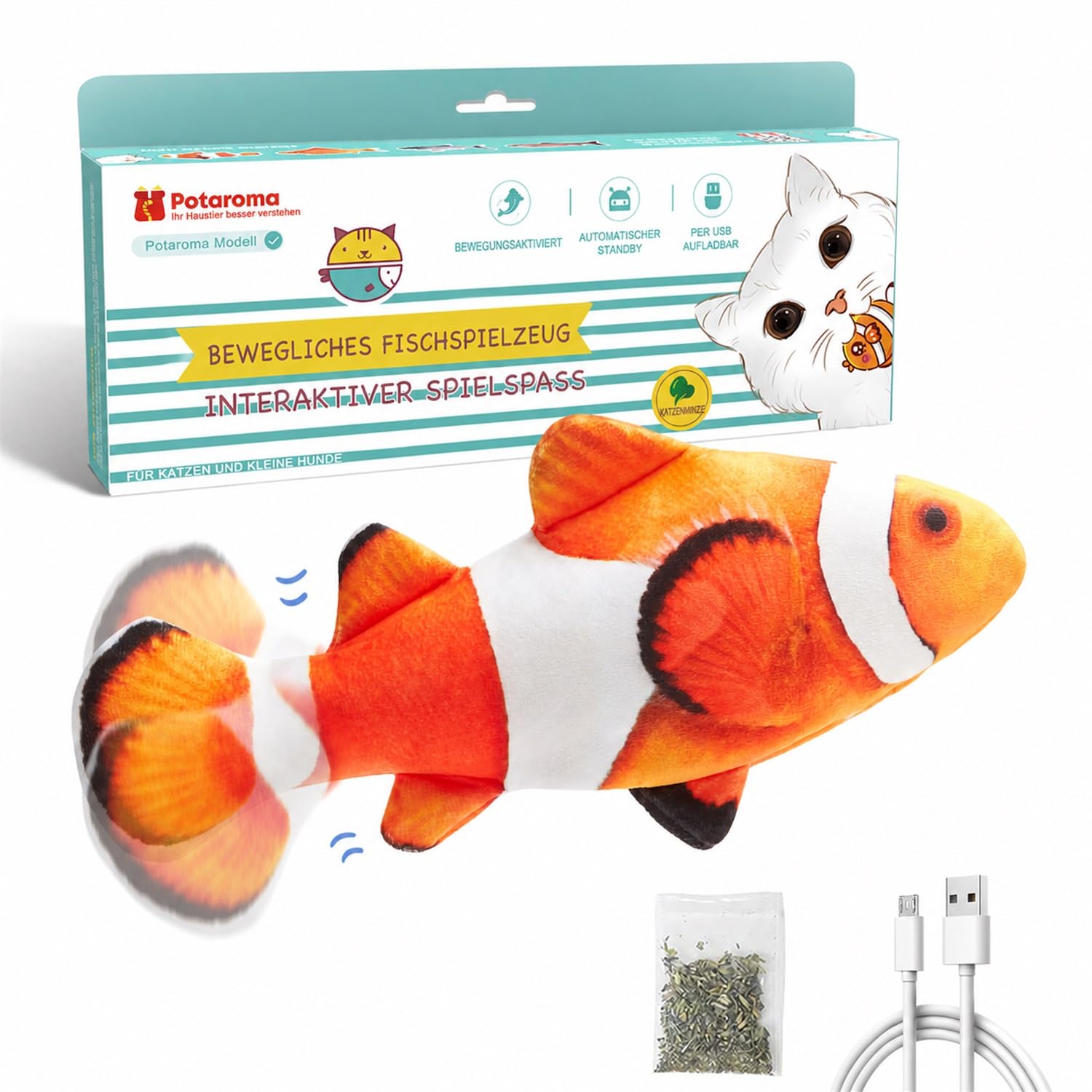 Potaroma Elektrisches Katzenspielzeug, Zappelfisch mit Katzenminze, 27 cm