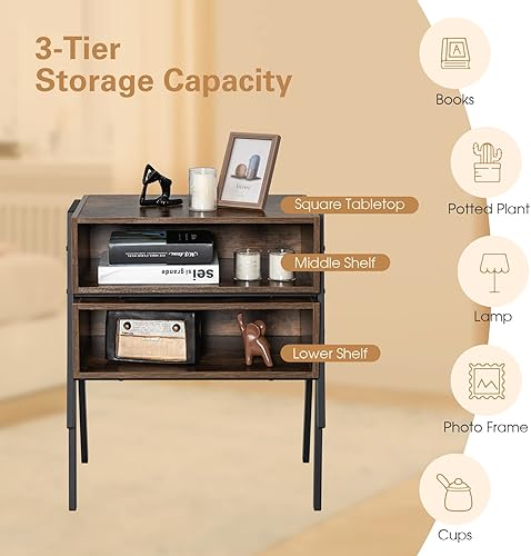 Miniatura 5 de Giantex Juego de 2 mesitas de noche, mesa auxiliar apilable con compartimento de almacenamiento abierto, mesitas de noche industriales con marco de