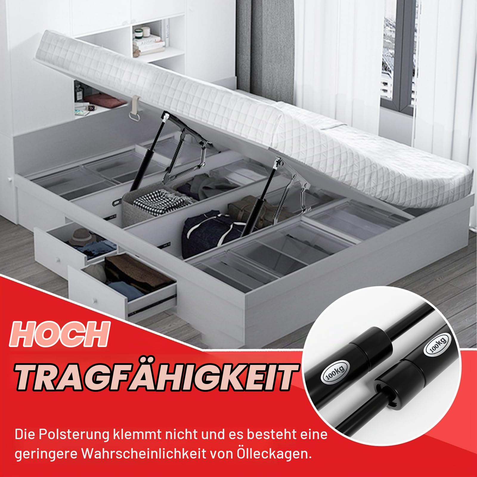 2 Stück Pneumatische Bett Hebemechanismus 100KG Gasdruckfeder für schwere Bettkästen, Scharniere Klapp Lift Up Feder Scharniere,Sofa Faltbares Scharnier