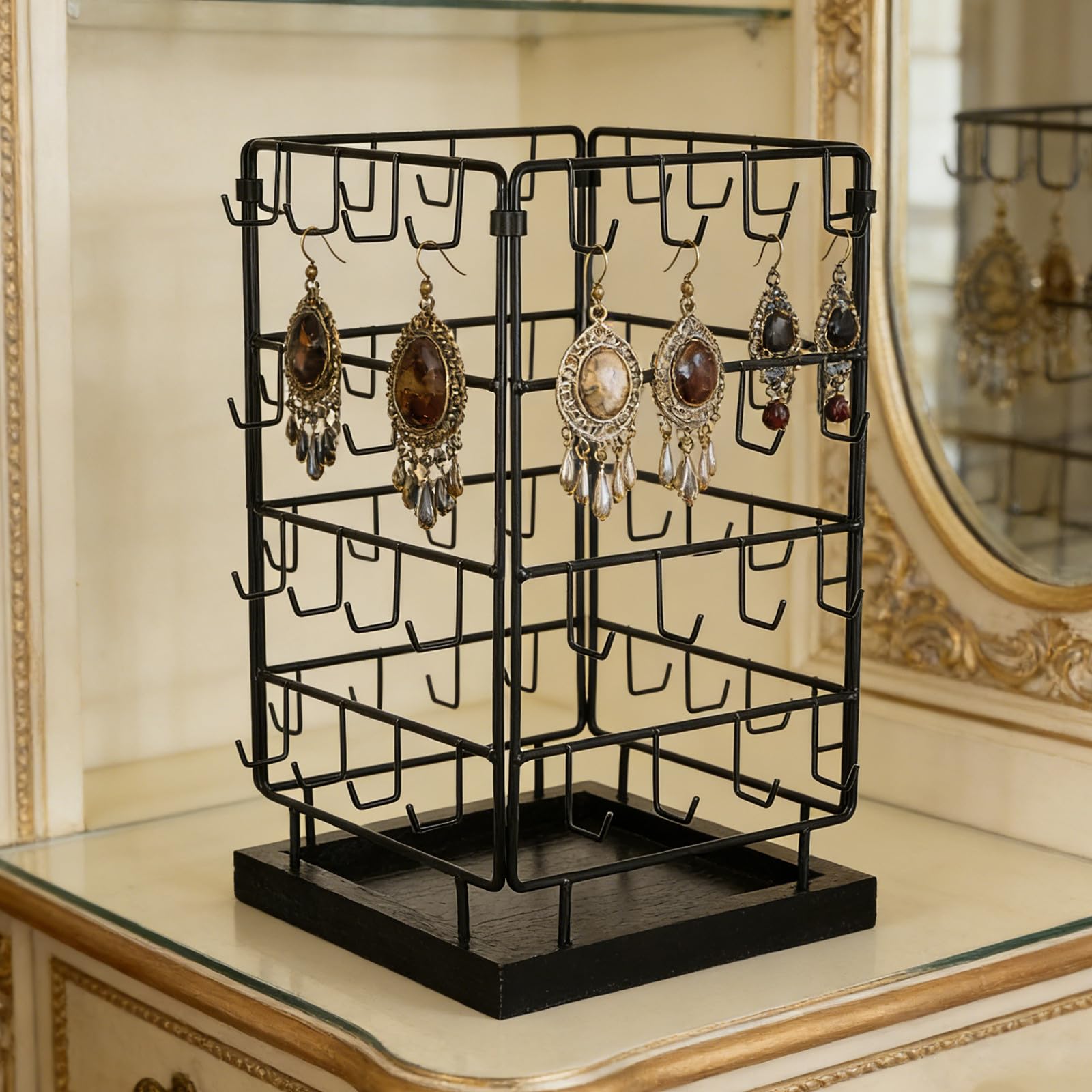 Abaodam Soporte Expositor de Joyas para Pendientes, Soporte Giratorio para Pendientes, Hierro y Madera, Negro, 64 Ganchos, Desmontable, para Joyería y Venta en Tienda