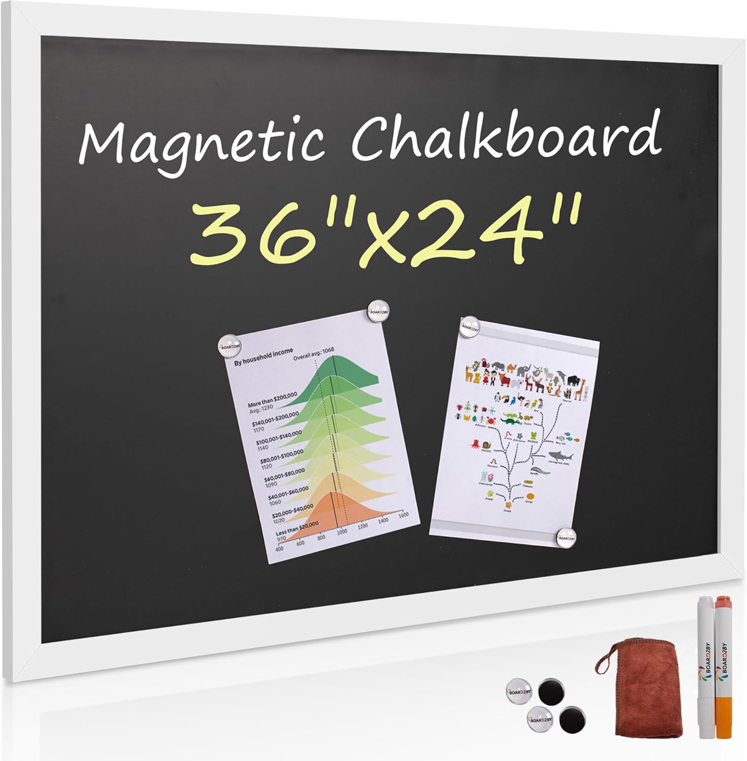board2by rustic wood framed magnetic chalkboard 24 x 36, large hanging chalk board sign for kids, non-porous wall blackboard for wedding kitchen restaurant menu and home with 4 unique magnets, white white 24" x 36"